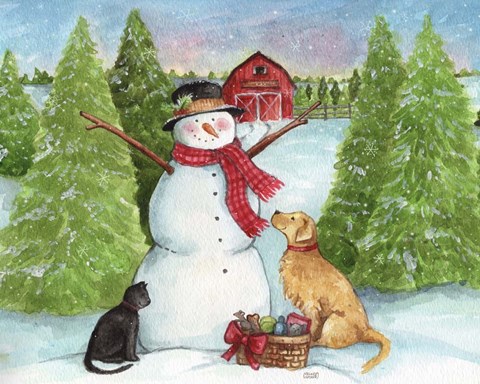 Framed Snowman Dog And Cat Farm Horizontal Print