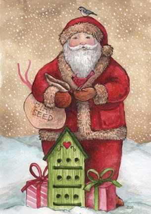 Framed Santa with Birdhouse and Presents Print