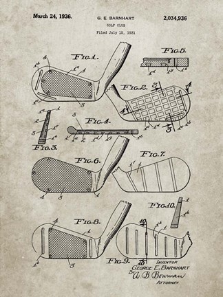 Framed Golf Club Patent - Sandstone Print
