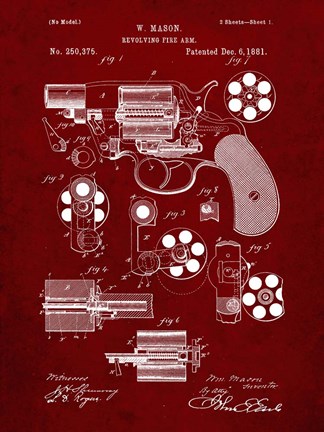 Framed Revolving Fire Arm Patent - Burgundy Print