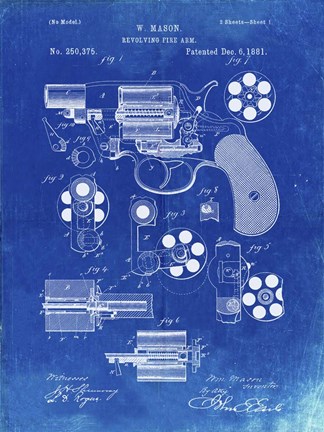 Framed Revolving Fire Arm Patent - Faded Blueprint Print