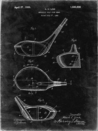 Framed Metallic Golf Club Head Patent - Black Grunge Print
