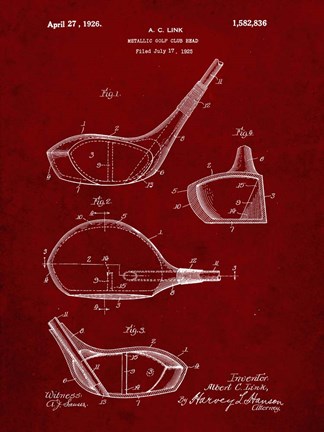 Framed Metallic Golf Club Head Patent - Burgundy Print