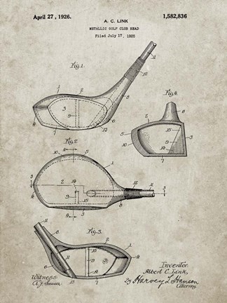 Framed Metallic Golf Club Head Patent - Sandstone Print