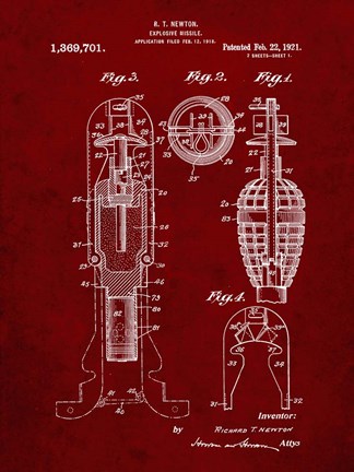 Framed Explosive Missile Patent - Burgundy Print