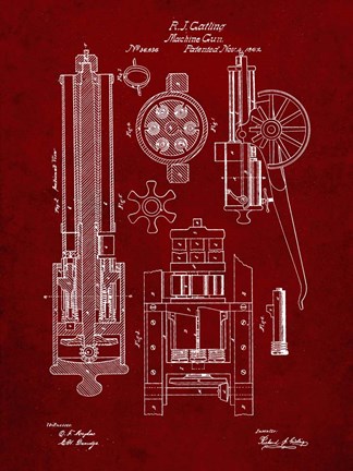 Framed Machine Gun Patent - Burgundy Print