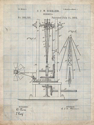 Framed Windmill Patent - Antique Grid Parchment Print