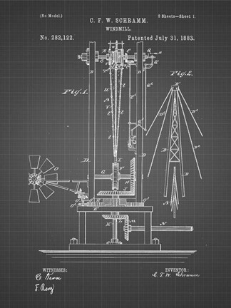 Framed Windmill Patent - Black Grid Print