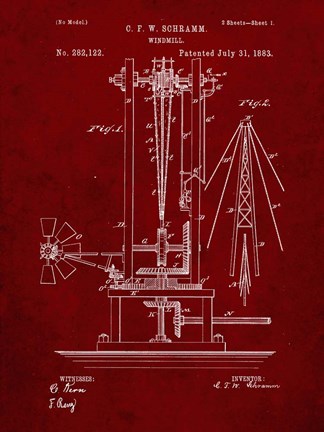 Framed Windmill Patent - Burgundy Print