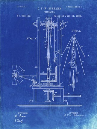 Framed Windmill Patent - Faded Blueprint Print