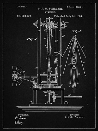 Framed Windmill Patent - Vintage Black Print