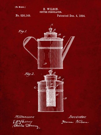 Framed Coffee Percolator Patent - Burgundy Print