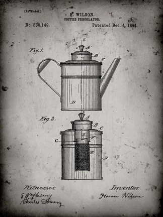 Framed Coffee Percolator Patent - Faded Grey Print