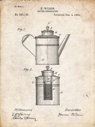 Framed Coffee Percolator Patent - Vintage Parchment Print