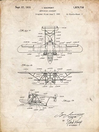 Framed Amphibian Aircraft Patent - Vintage Parchment Print