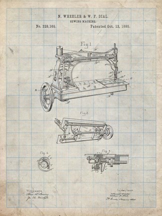Framed Sewing Machine Patent - Antique Grid Parchment Print