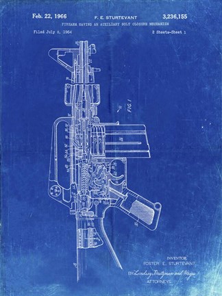 Framed Firearm With Auxiliary Bolt Closure Mechanism Patent - Faded Blueprint Print