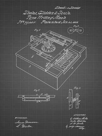 Framed Type Writing Machine Patent - Black Grid Print