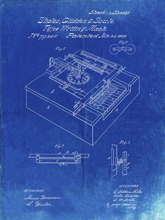 Framed Type Writing Machine Patent - Faded Blueprint Print