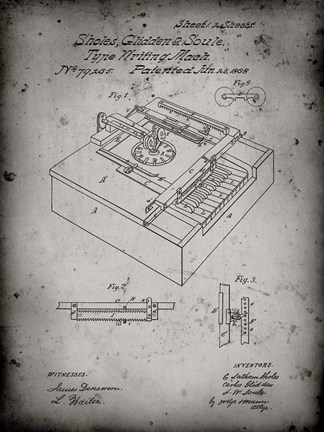 Framed Type Writing Machine Patent - Faded Grey Print
