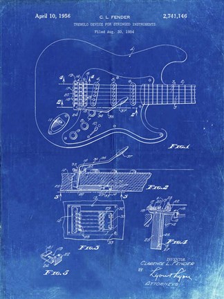 Framed Tremolo Device for Stringed Instruments Patent - Faded Blueprint Print
