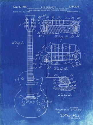 Framed Guitar &amp; Combined Bridge &amp; Tailpiece Therefor Patent - Faded Blueprint Print