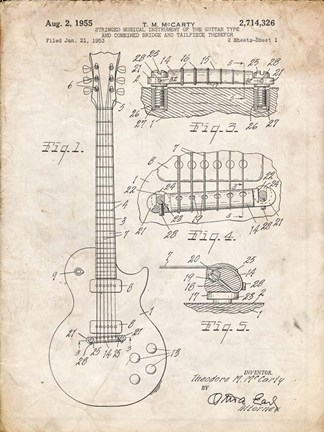 Framed Guitar &amp; Combined Bridge &amp; Tailpiece Therefor Patent - Vintage Parchment Print