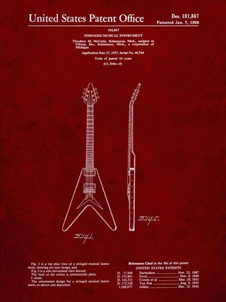 Framed Stringed Musical Instrument Patent - Burgundy Print