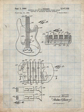 Framed Electric Guitar Patent - Antique Grid Parchment Print