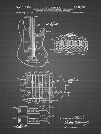 Framed Electric Guitar Patent - Black Grid Print