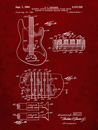 Framed Electric Guitar Patent - Burgundy Print