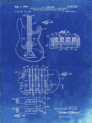 Framed Electric Guitar Patent - Faded Blueprint Print