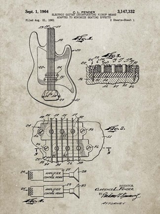 Framed Electric Guitar Patent - Sandstone Print