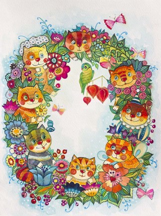 Framed Wreath Cats 2 Print