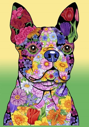 Framed Flowers Boston Terrier Print