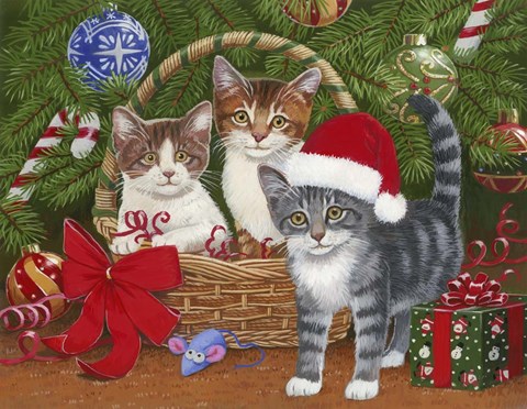 Framed Christmas Kittens in a Basket Print