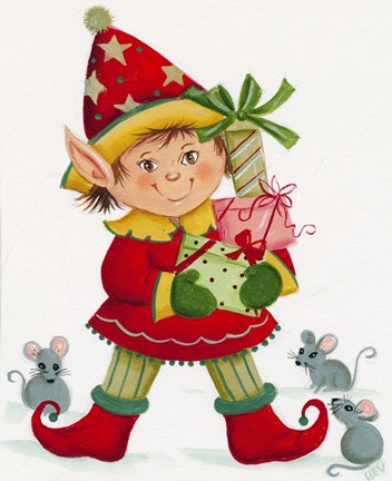 Framed Elf With 3 Mice Print