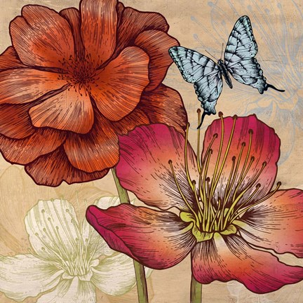 Framed Flowers and Butterflies (detail) Print