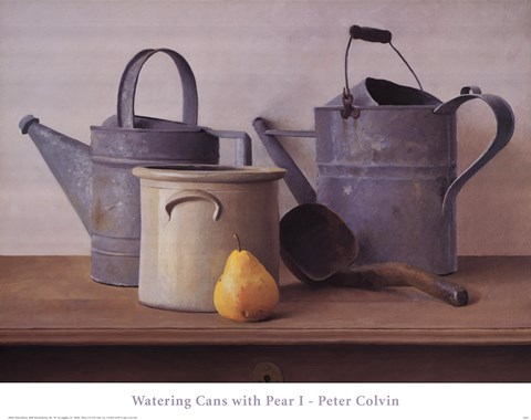 Framed Watering Cans with Pear I Print