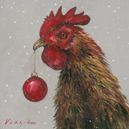 Framed Rooster with Red Xmas Ball Print