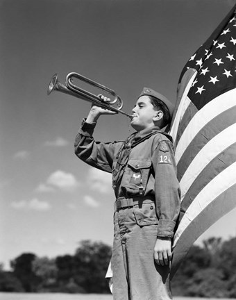 1950s Boy Scout In Uniform Standing In Front American Flag Art by Vintage PI at FramedArt.com