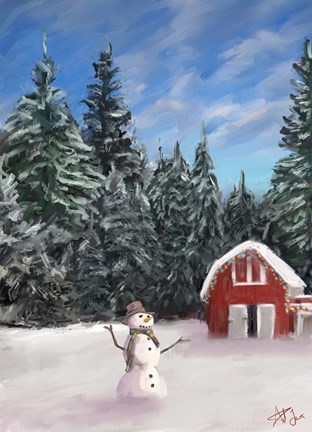 Framed Snowman and Red Barn Print