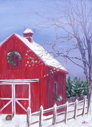 Framed Red Barn in Snow Print