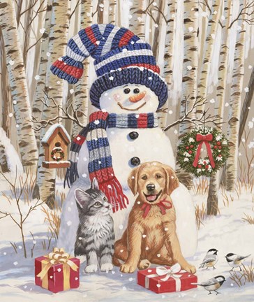 Framed Kitten and Puppy with Snowman Print