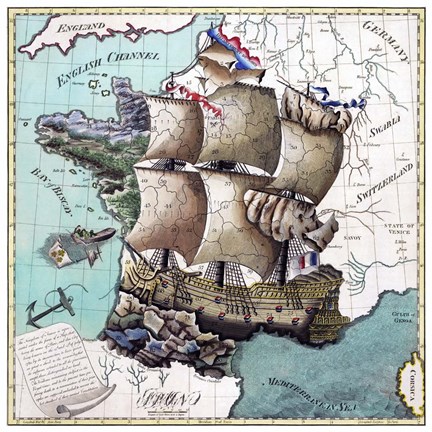 Framed Map Of France As A Ship -1796 Print