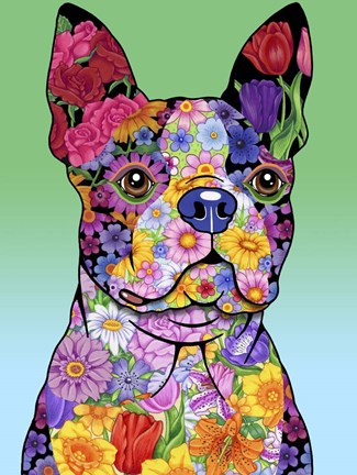Framed Flowers Boston Terrier Print