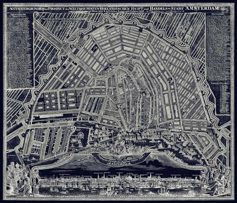 Framed Blueprint Map of Amsterdam 1727 Print