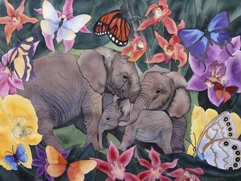Framed Elephants and Butterflies Print