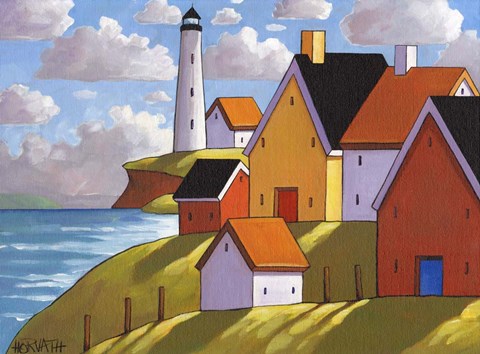 Framed Lighthouse Cottage Hillside View Print