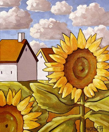 Framed Sunflower &amp; Cottages Scenic View Print